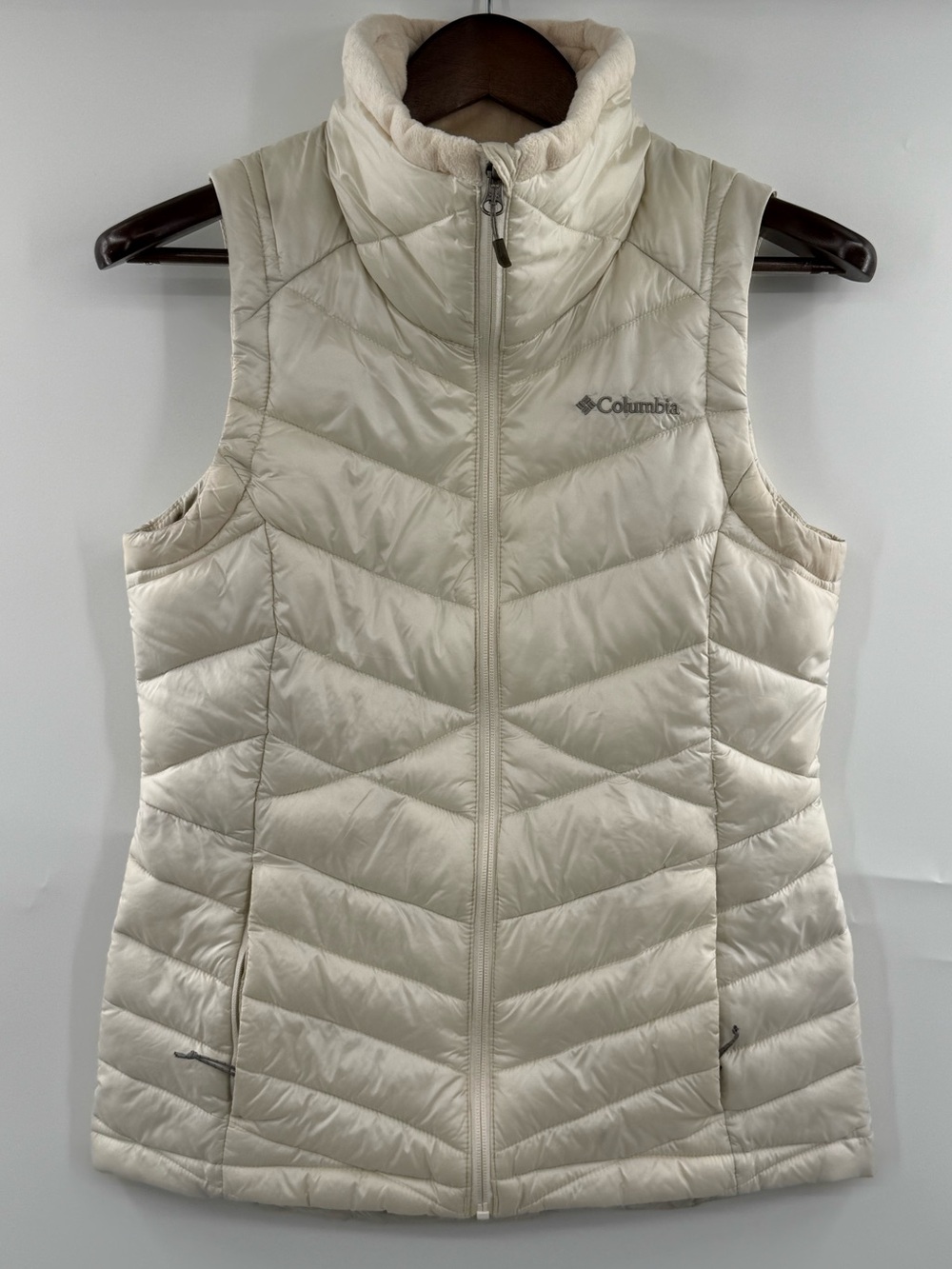 Columbia Omni-Heat Infinity Puffer Vest Women’s Small Ivory Full Zip Quilted